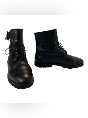 Black Woven Leather Lace-Up Ankle Booties with Buckle Cuff Sz 6.5